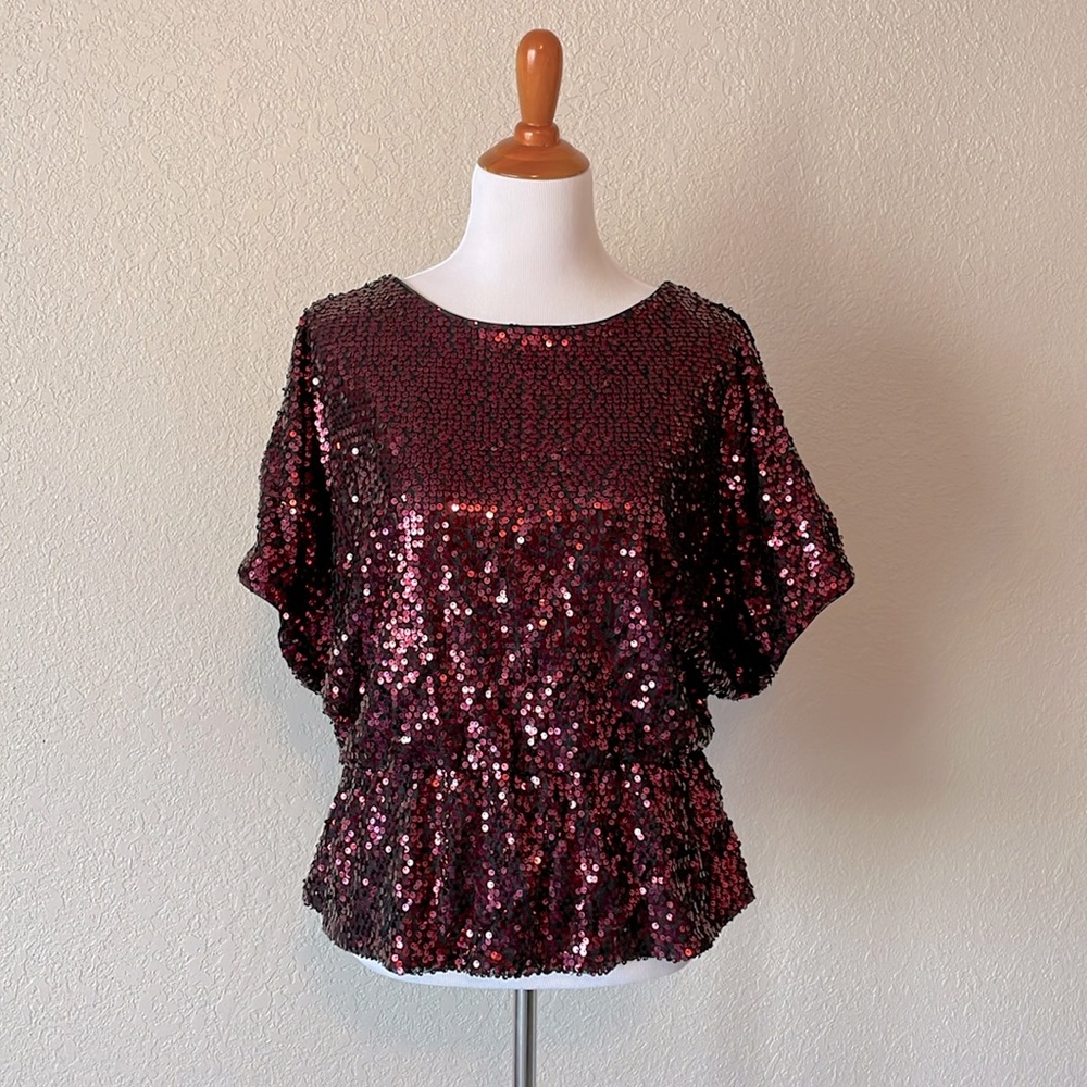Xscape, sequin top, size 8. Burgundy/wine color.